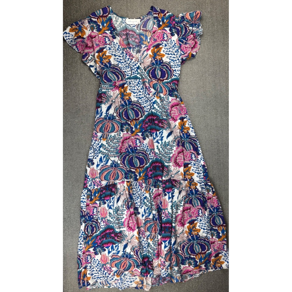 Walker & Wade Dress Large Blue Pink Floral Tiered Maxi Flutter Sleeve Colorful